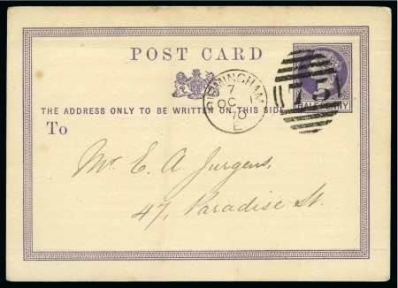 Stamp of Great Britain » Postal Stationery 1870 (Oct 1) 1/2d lilac postcard sent within Birmingham showing a very fine and clear strike of the Birmingham duplex cancel on the FIRST DAY OF ISSUE