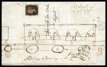 1840 1d Black pl.3 MI tied to by a beautiful red Maltese cross to entire from Beverley to Sheffield, with crude ink illustration of a train carriage