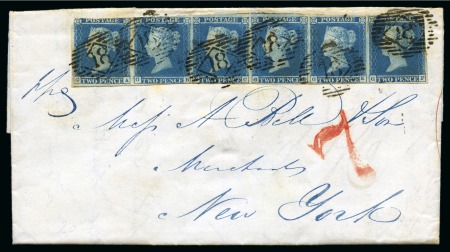 Stamp of Great Britain » 1841 2d Blue 1846 (Aug 18) Entire from London to USA with 1841 2d blue pl.3 GA-HR strip of six