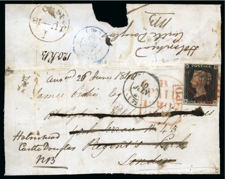 Stamp of Great Britain » 1840 1d Black and 1d Red plates 1a to 11 1840 1d Black pl.2 KK on front with backflap, sent  stampless from France then redirected to Castle Douglas, Scotland with the Penny Black 