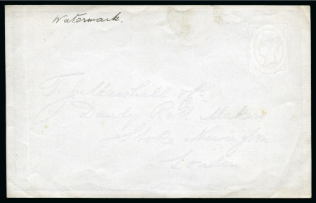 1880ca. Watermarked paper in the form of an envelope front, 140x89mm, showing script address and "stamp"