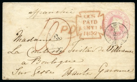 1852 (May 14) 1d Pink postal stationery sent from London cancelled in transit at Calais