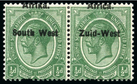 Stamp of South West Africa 1923 KGV 1/2d green type I showing variety overprint transposed with "Africa." above "Zuid-West" in mint hr se-tenant pair
