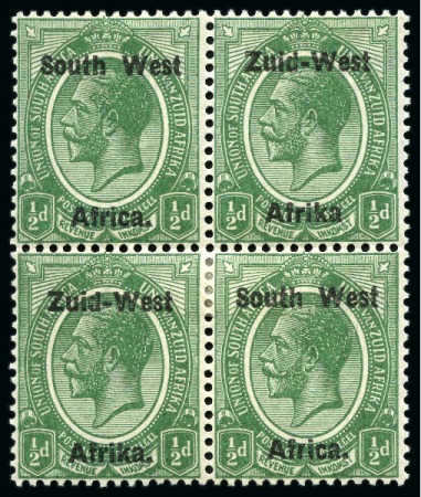 Stamp of South West Africa 1923 KGV 1/2d green mint block of four with top pair (mint nh) showing variety "no stop after Afrika"