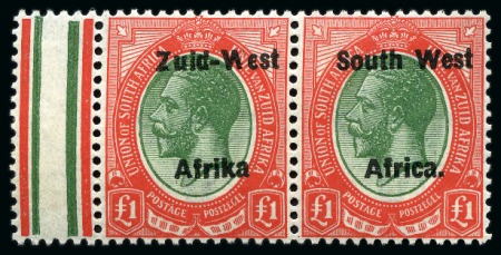Stamp of South West Africa 1923 KGV Setting II £1 green & red showing variety "Afrika without stop" in mint nh left marginal se-tenant pair