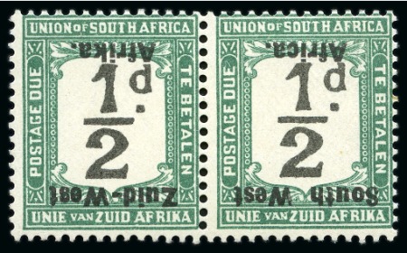 Stamp of South West Africa Postage Dues: 1923 1/2d black & green showing variety overprint inverted in mint se-tenant pair 