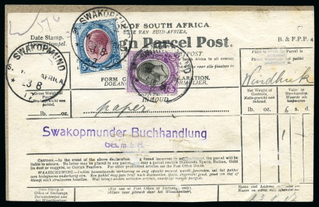 Stamp of South West Africa 1917 Parcel post label bearing South Africa KGV 6d and 5s tied by "SWAKOPMUND / S. W. AFRICA" cds