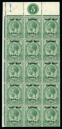 Stamp of South West Africa 1923-26 KGV Setting III 1/2d green mint upper left corner marginal block of fifteen with plate number "5", with first stamp showing variety "outh" for "South"