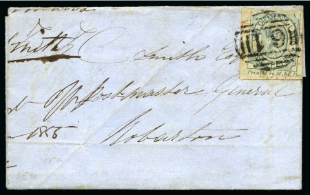 Stamp of Australia » Tasmania 1855 (Jun) Large part entire to Postmaster General in Hobarton with 1853 Courier 1d pos.19 with good to huge margins showing almost complete printers imprint