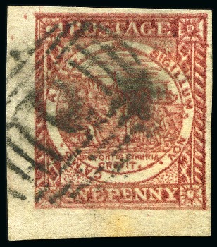 Stamp of Australia » New South Wales 1850 Sydney Views 1d dull carmine pl.II with clouds on toned white to yellowish paper, pos.21 corner marginal example, used