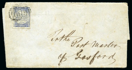 Stamp of Australia » New South Wales 1850 Sydney Views 2d ultramarine plate IV, good to very large margins, tied by light barred oval obliterator to 1851 (Jan 17) entire