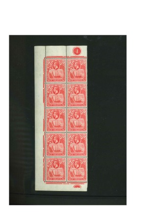 Stamp of St. Helena 1922-37 1 1/2d Rose-Red showing varieties "broken mainmast" and "cleft rock" in mint nh left part sheet marginal block of 10