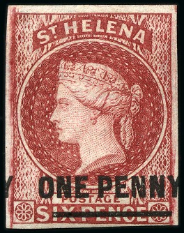 Stamp of St. Helena 1864-80 1d Lake mint og showing variety imperforate