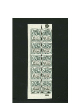Stamp of St. Helena 1922-37 2d Grey & Slate showing varieties "broken mainmast" and "cleft rock" in mint nh left part sheet marginal block of 10