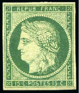 1849, Cérès 15c vert neuf gomme non originale, réparé,