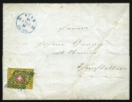 10 Rp. gelb Type 2 D LU, auf Brief, sauber gestempelt mit blauer Raute und BERN 10 AVRIL 1853