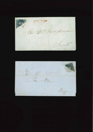 1856-60, "Estancos" 10c blue bisect usages, two covers