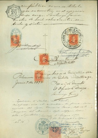 1867, 5c orange, four examples on fiscal document of