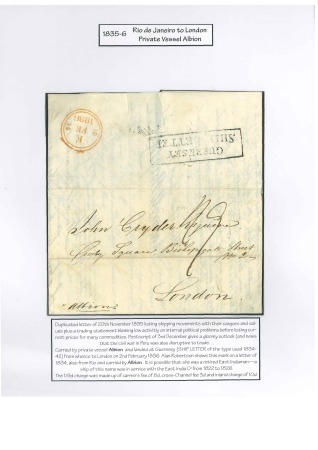 Stamp of Great Britain » Postal History » Pre-Adhesive & Stampless 1835 (Dec 3) Entire from Rio de Janeiro to London with "GUERNSEY / SHIP LETTER" boxed hs 