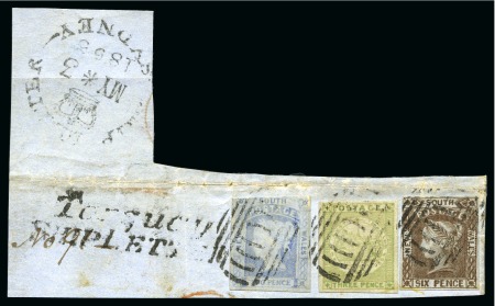 Stamp of Australia » New South Wales 1850 Sydney View 3d yellow-green on grey wove paper, good to large margins, on large piece in combination with 1851 Laureated 2d & 6d