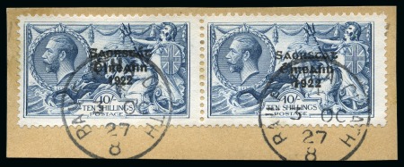 Stamp of Ireland » 1927 Composite Dates Overprints (T69-T71) 2s6d chocolate brown, 5s rose-red and 10s grey blue, set used in horizontal pairs showing wide and narrow dates, used