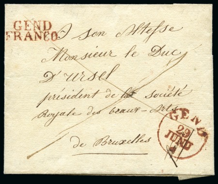 1829 (29.06) Pli de Gand pour Bruxelles, superbe cachet GEND / FRANCO en rouge