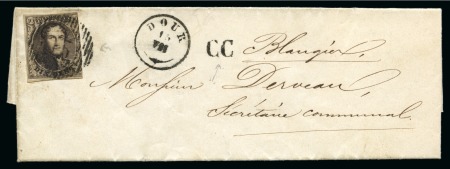 10c Brun, touché à droite, oblitération de la distribution 13 de Dour sur lettre, cachet "CC" (Correspondance Cantonale) à côté