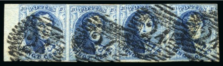 Stamp of Belgium » Belgique. 1851 Médaillons (filigrane sans cadre) - Émission 20c Bleu, bande de quatre margée à très bien margée avec bord de feuille
