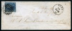 Stamp of Belgium » Belgique. 1861 Médaillons allongés - Émission 20c Bleu, touché, oblitération à 8 barres de la perception 83 de Mons sur enveloppe de dame