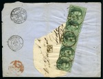 Stamp of Belgium » Belgique. 1863 Médaillons dentelés 12 1/2 : 13 1/2 1c Vert-jaune, bande de cinq, débitage au ciseaux, oblitération simple cercle de Gilly sur imprimé