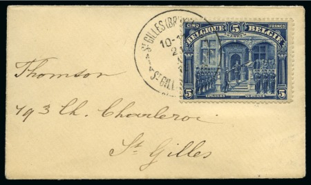 Stamp of Belgium » General issues from 1894 onwards 1915-19 Vues, 5 FRANKEN bleu, obl. St-GILLES (Bruxelles) sur petite enveloppe