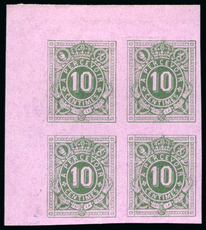 Stamp of Belgium » Timbres-Taxe Épreuves de la planche (mise en train), 10c vert et 20c bleu, les deux en blocs de quatre sur papier rose