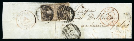 Stamp of Belgium » Belgique. 1851 Médaillons (filigrane sans cadre) - Émission 10c Brun, paire à cheval sur le recto et le verso d'une lettre de Gand
