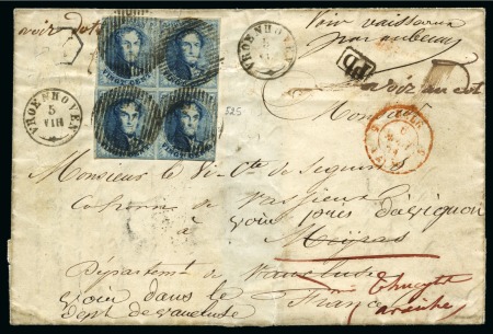 Stamp of Belgium » Belgique. 1851 Médaillons (filigrane sans cadre) - Émission 20c Bleu, BLOC DE QUATRE, oblitération de la distribution 54 sur grande partie de lettre