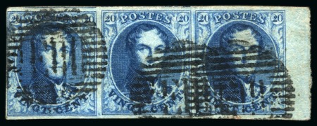 Stamp of Belgium » Belgique. 1851 Médaillons (filigrane sans cadre) - Émission 20c Bleu, bande de trois avec bord de feuille, trè