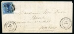 Stamp of Belgium » Belgique. 1858 Médaillons arrondis - Émission 20c Bleu, grandes marges avec bord de feuille, oblitération à 8 barres de la perception 63 sur lettre de Iseghem