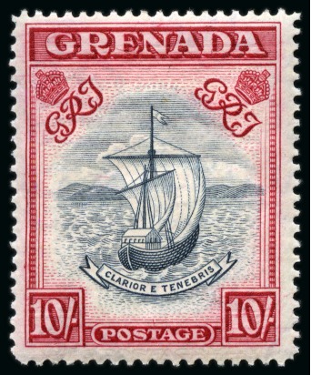 Stamp of Grenada 1938-50 10s Blue-Black & Carmine, "wet" printing with narrow frame, perf 14, showing FRAME PRINTED DOUBLE, ONE ALBINO