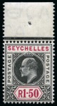 Stamp of Seychelles 1906 Wmk Multi CA 1R50 black and carmine mint nh upper marginal showing "dented frame" variety