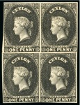 Stamp of Ceylon 1857-59 1d Imperforate plate proof in black on wove paper in block of 4