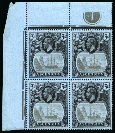 Stamp of Ascension » King George V 1924-33 3s Grey-Black and Black on blue showing variety "broken mainmast" on R2/1 in mint nh corner marginal block of 4