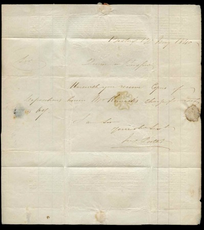 Stamp of Great Britain » 1840 Mulreadys & Caricatures 1840 (May 12) 2d Mulready lettersheet, forme1, stereo a105, sent from Boston to Spalding and cancelled by neat red MC