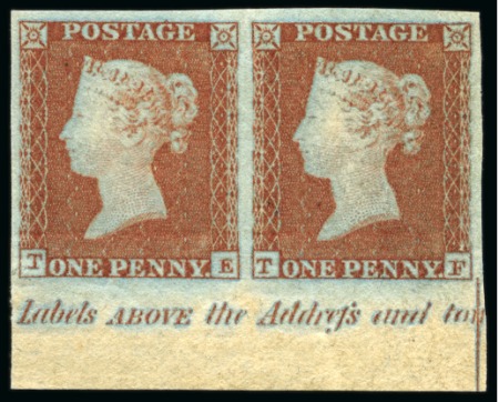1841 1d Red-Brown pl.95 TE-TF mint og lower marginal horizontal pair