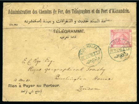 Stamp of Egypt » Egyptian Post Offices Abroad » Territorial Offices » Wadi Halfa (Sudan) 1883 (15.12) Printed telegram envelope of Railway Administration of the Port of Alexandria used in Wadi Halfa to London