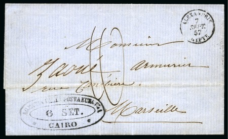 Stamp of Egypt » French Post Offices » Alexandria 1857 (6.9) Folded entire from Cairo via Alexandria to France, carried from Cairo to Alexandria by POSTA EUROPEA (Type II)
