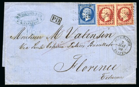Stamp of Egypt » French Post Offices » Alexandria 1859 (3.5) Entire letter from Alexandria to Florence, franked France Empire 20c. blue + a pair of 80c. red tied with lozenge “3704”