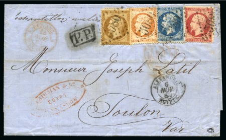 1863 (6.11) Folded entire from Alexandria to Toulon, France, franked France Empire 10c. + 20c. + 40c. + 80c.