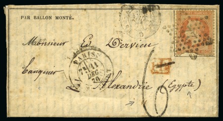 1870 (11.12) Folded cover sent by “BALLON MONTÉ” named “Ville de Paris” from Paris to Alexandria