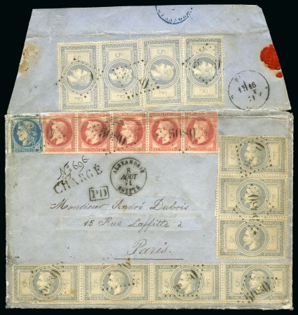 Stamp of Egypt » French Post Offices » Alexandria 1871 (8.8) Registered linen lined envelope with the highest franking known from Alexandria