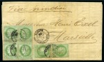 1876 (17.7) Folded entire from Alexandria to Marseille, franked France 5c CERES block of four + a pair