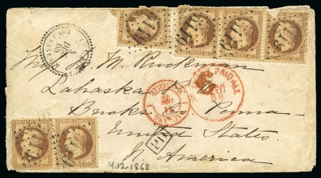 1868 (4.12) Envelope from Cairo via Marseille to the USA, franked Empire 40c. a strip of 3, a pair and a single